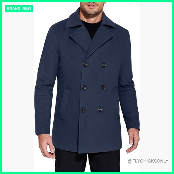 Men's Double Breasted Pea Coat Winter Overcoat Polyester Blend